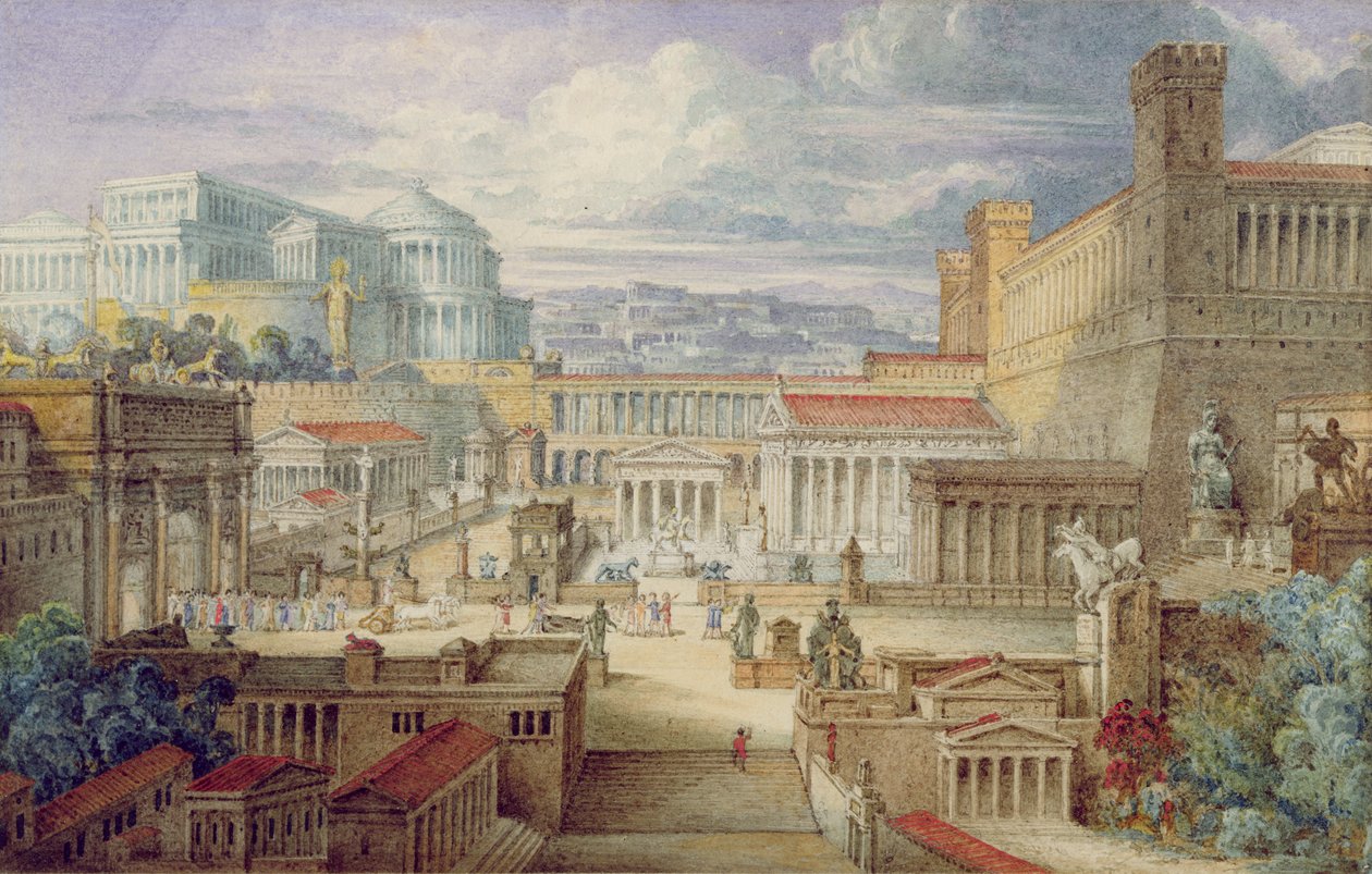 Una escena en la antigua Roma, un escenario para Tito Andrónico, Acto I, escena 3 de Joseph Michael Gandy
