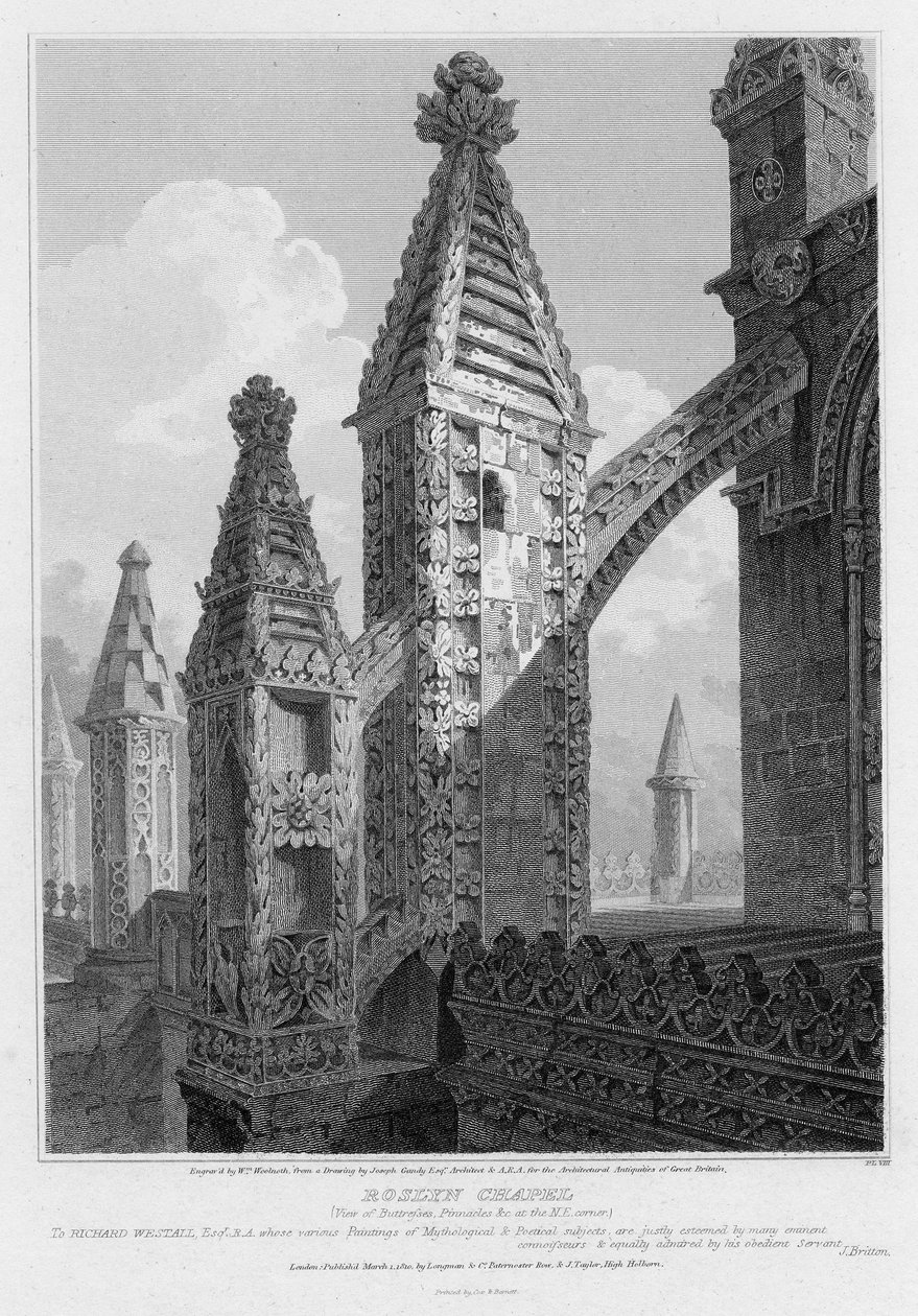 Capilla de Roslyn, vista de contrafuertes y pináculos en la esquina noreste, grabado por William Woolnoth, 1810 de Joseph Michael Gandy