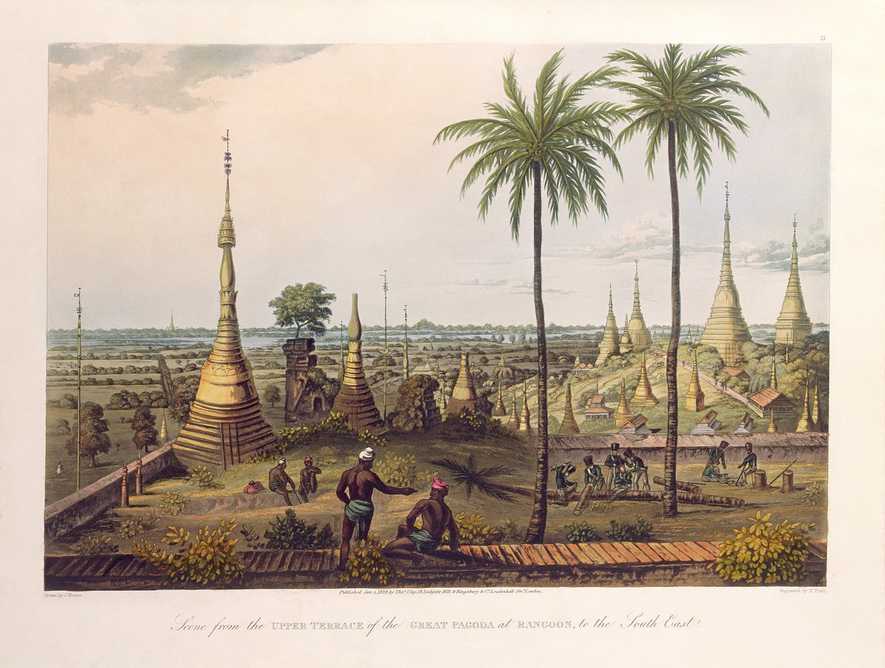 Escena desde la Terraza Superior de la Gran Pagoda en Rangún, hacia el sureste, grabado por H. Pyall, publicado por Kingsbury und Co., 1826 de Joseph Moore