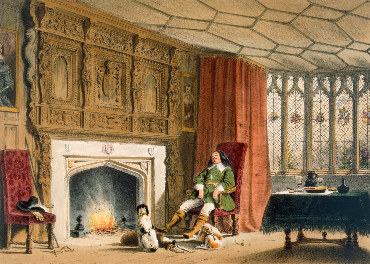 Escudero con sus perros junto al hogar, Southam Delabere, Gloucestershire, de 