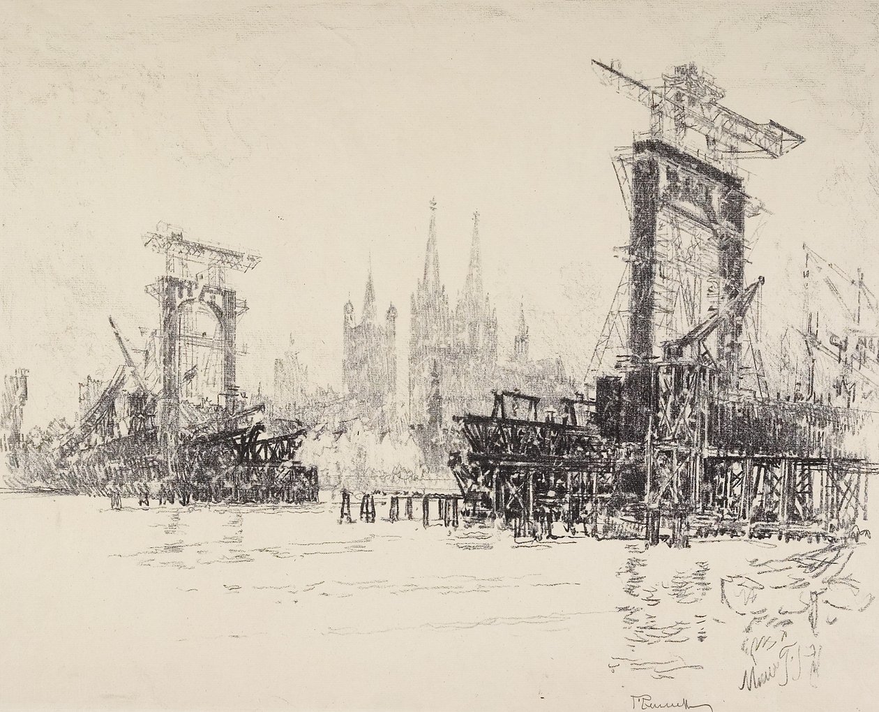 Construyendo el Puente en Colonia, 1914 de Joseph Pennell