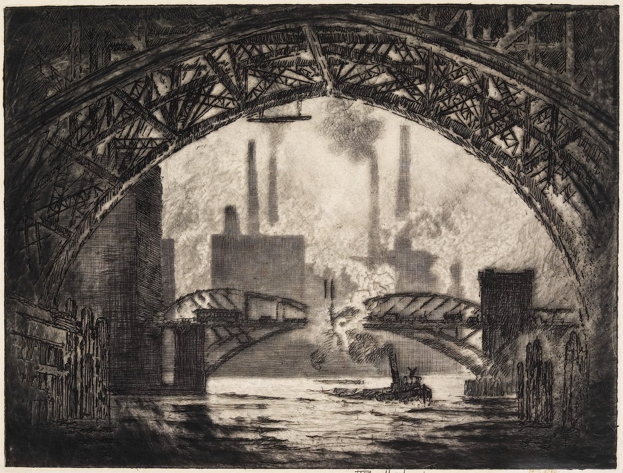 Bajo los puentes, Chicago, 1910 de Joseph Pennell