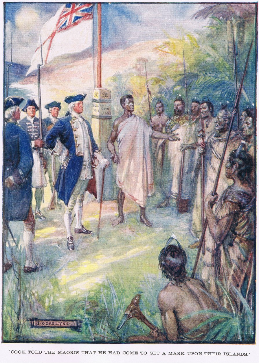 Cook dijo a los maoríes que había venido a marcar sus islas de Joseph Ratcliffe Skelton