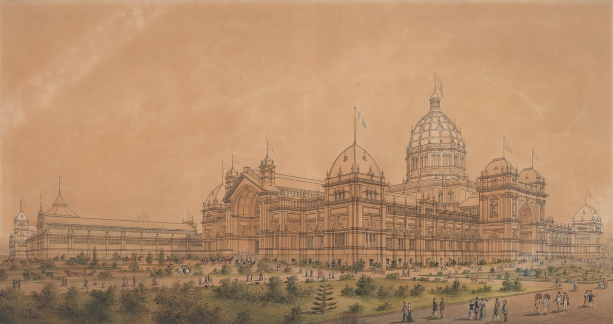 El Edificio de la Exposición Melbourne 1880, el Aspecto Suroeste del Salón Principal de Joseph Reed