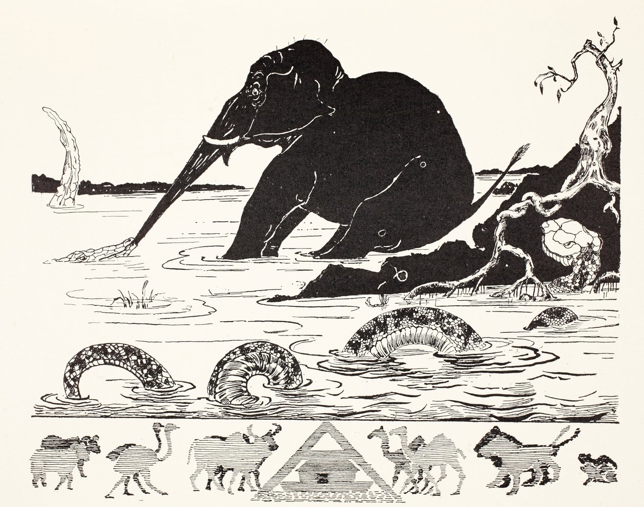 El niño elefante siendo tirado de la nariz por el cocodrilo, ilustración de 