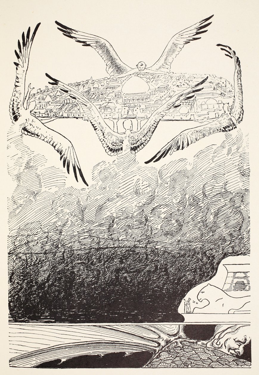 Los cuatro djinns de alas de gaviota levantando el palacio de Suleiman-bin-Daoud justo después de que la mariposa haya estampado, ilustración de 