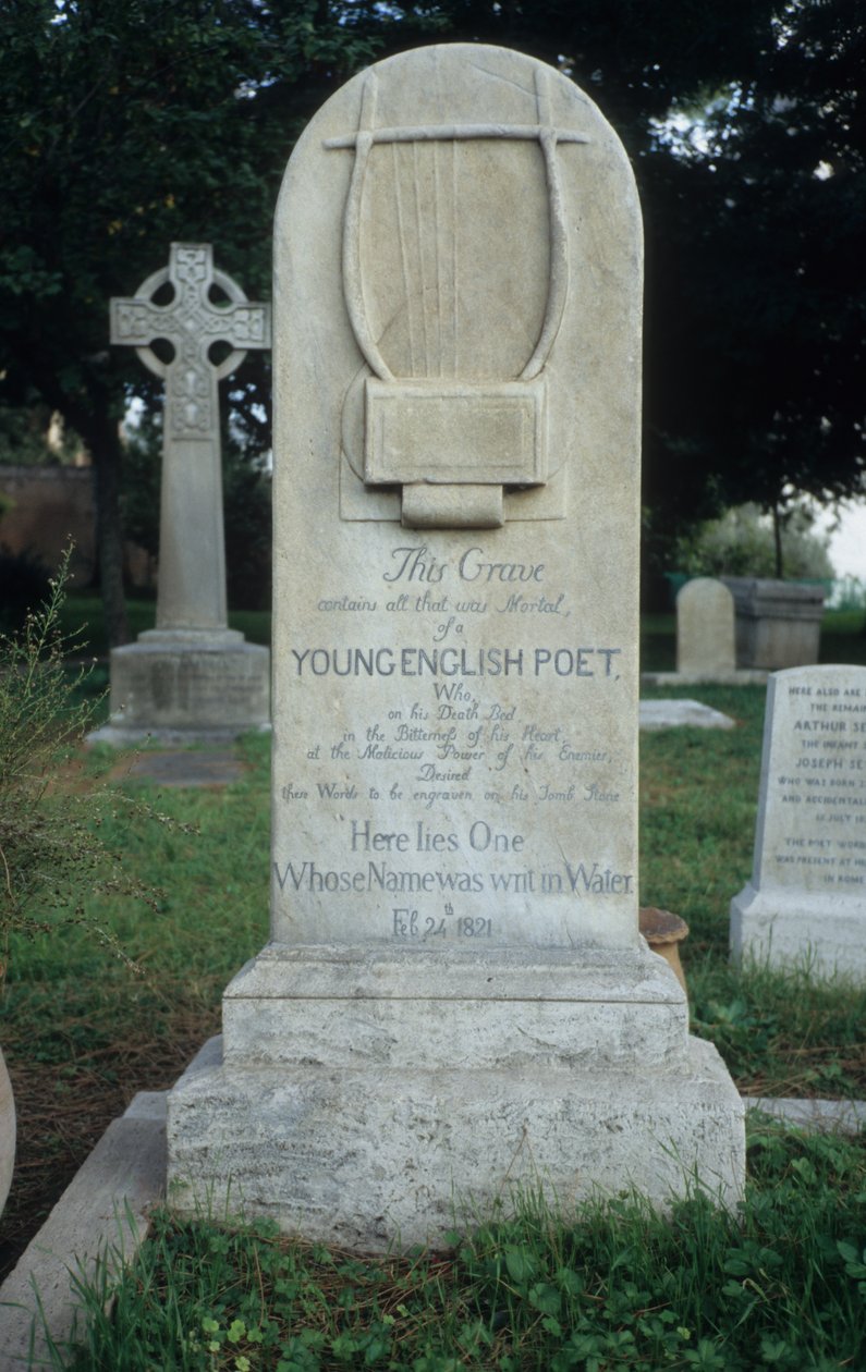 Lápida erigida para Keats en el Cementerio Protestante, Roma, fechada el 24 de febrero de 1821 de Joseph Severn