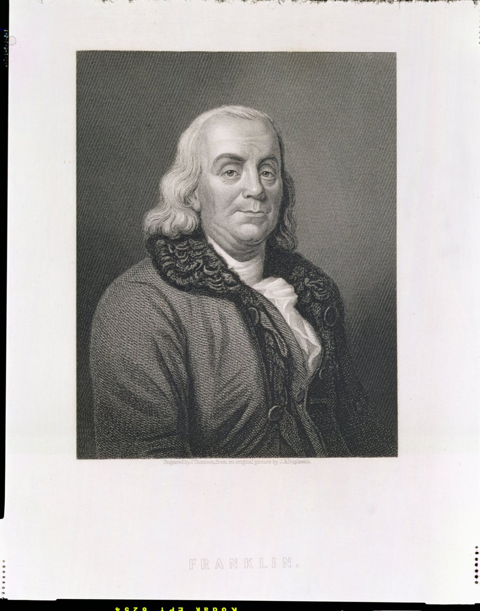 Retrato de Benjamin Franklin, grabado por J. Thomson, pub. por William Mackenzie de Joseph Siffred Duplessis