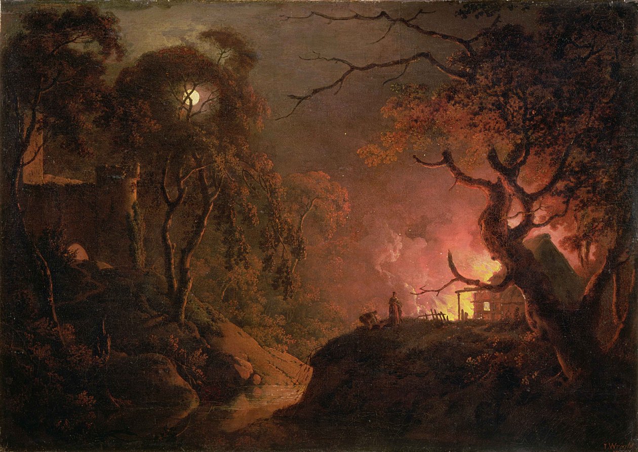 Una cabaña en llamas por la noche, c.1785-93 de Joseph Wright of Derby
