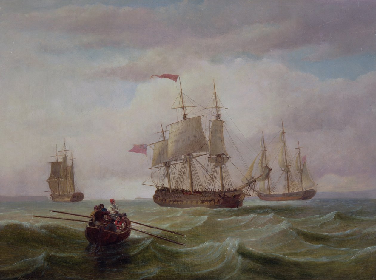 Tres barcos de la Compañía de las Indias Orientales en el canal de Bristol de Joseph Walter