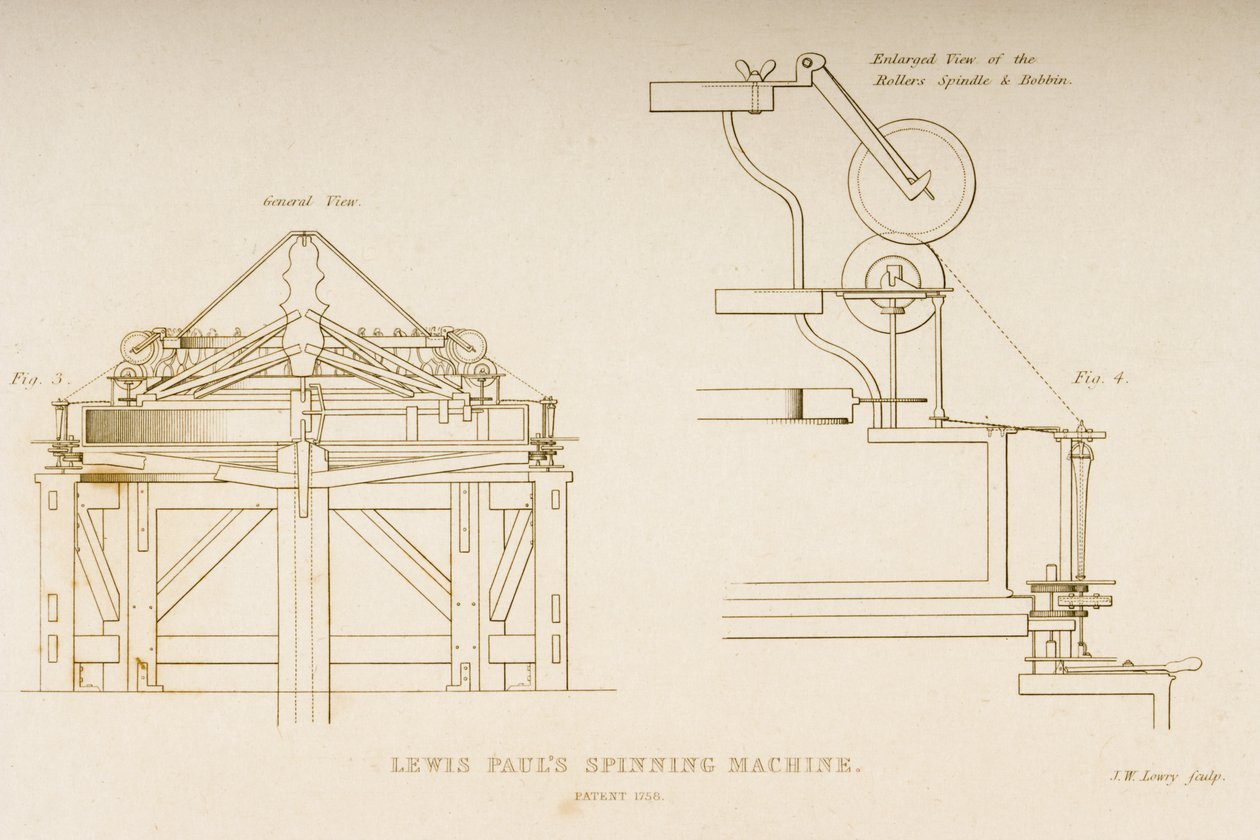 Dibujo de la máquina de hilar de Lewis Paul, patentada en 1758, c.1830 de Joseph Wilson Lowry