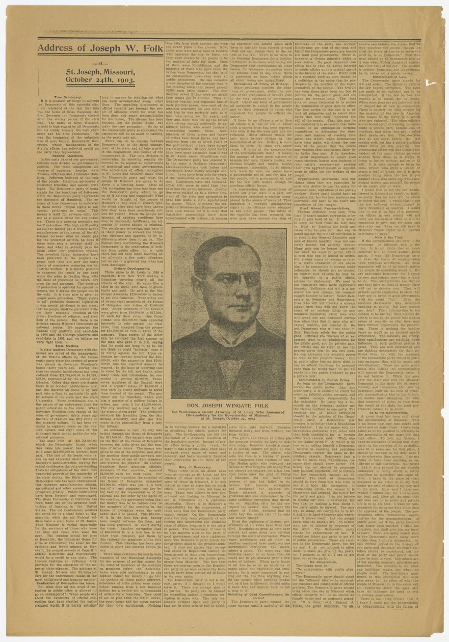 Discurso de Joseph W. Folk, St. Joseph, Mo., candidato a la gobernación de Missouri, 24 de octubre de 1903 de Joseph Wingate Folk