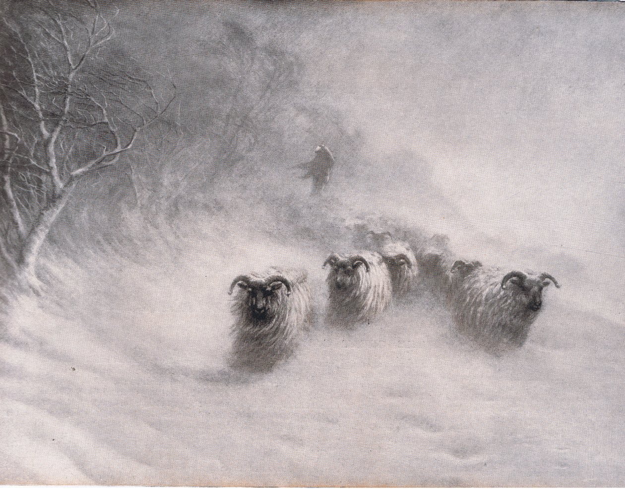 El invierno llega con una ráfaga tormentosa, Bibbys Annual, 1916-1917 de Joseph Farquharson