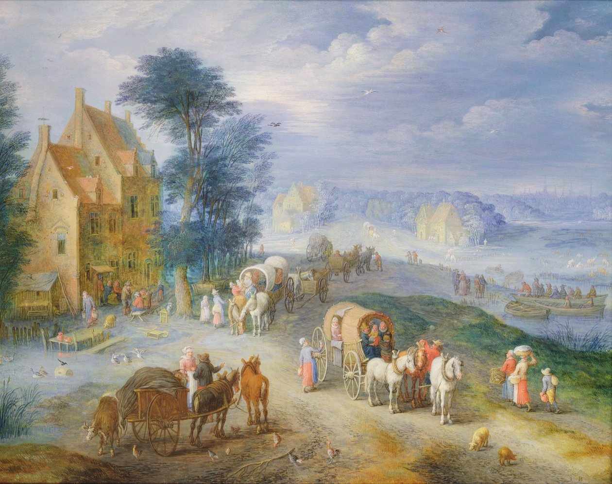 Paisaje con campesinos, carros y un ferry de Joseph van Bredael