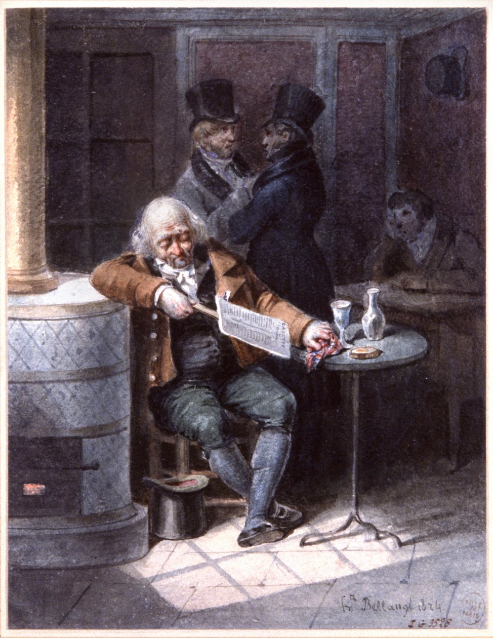 Anciano leyendo el periódico en un café, París de Joseph Louis Hippolyte Bellange