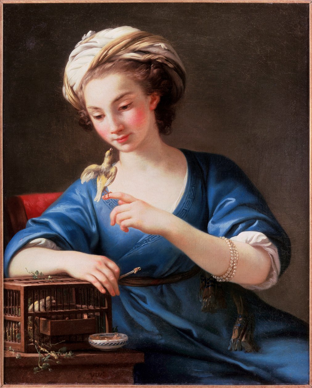 Mujer joven con traje turco jugando con un pájaro fuera de su jaula. Lleva turbante y brazalete de perlas. Pintura de Joseph-Marie Vien (Joseph Marie Vien de Joseph-Marie the Elder Vien