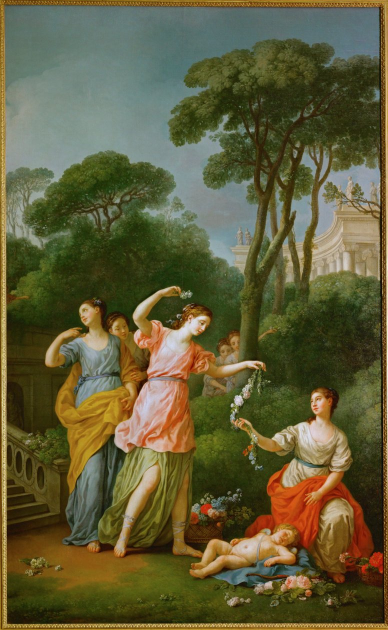 Jóvenes griegas otorgando guirnaldas a Amor dormido ... de Joseph-Marie the Elder Vien