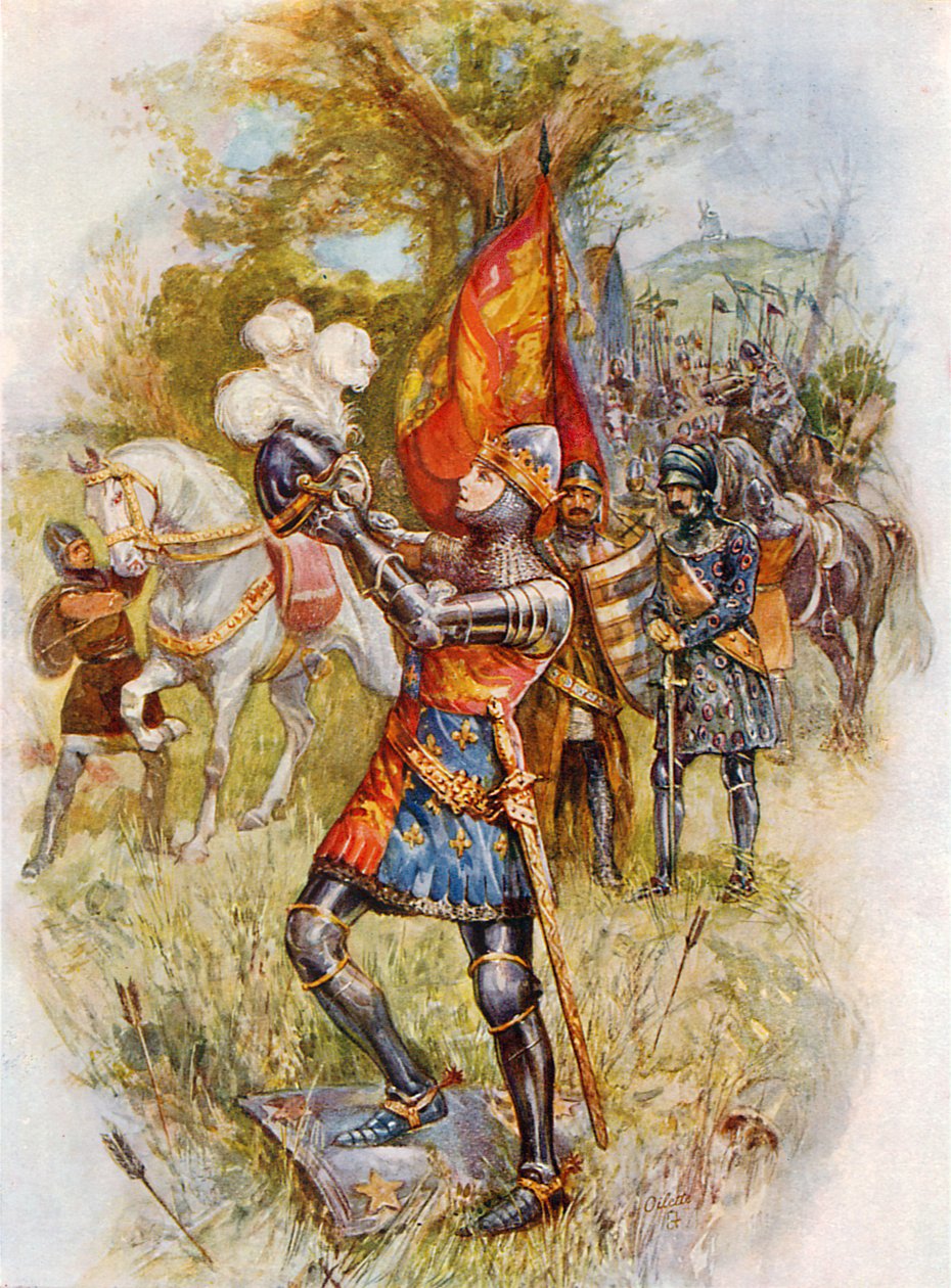 Eduardo, el Príncipe Negro, en la batalla de Crecy (litografía en color) de Joseph (after) Finnemore