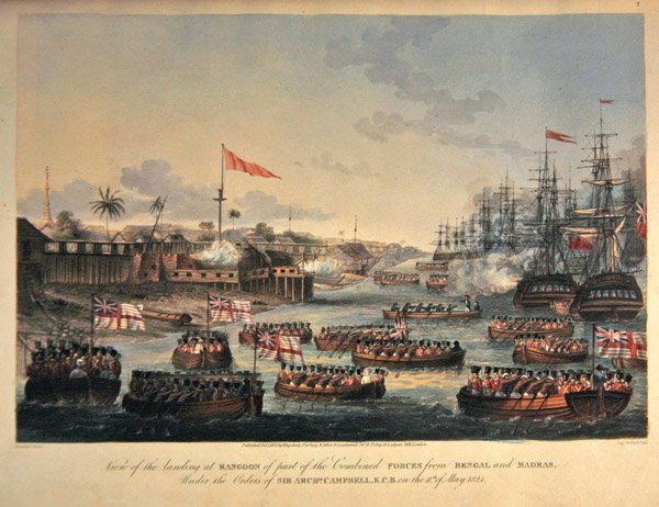 Vista del desembarco en Rangún de parte de las fuerzas combinadas de Bengala y Madrás, bajo las órdenes de Sir Archibald Campbell, el 11 de mayo de 1825, grabado por Henry Pyall (1795-1833) 1825 de Joseph (after) Moore