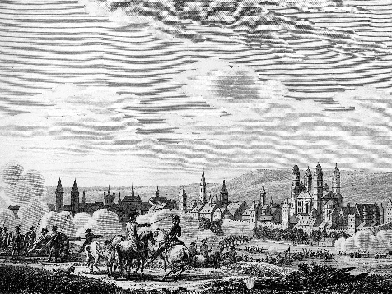 Revolución francesa y Movimiento Antirrevolucionario Prusiano: Captura de la ciudad de Speyer en octubre de 1792, Alemania. Grabado de Berthaut después de Swebach. París, Biblioteca del Instituto de Historia de la Revolución de Joseph (after) Swebach Desfontaines