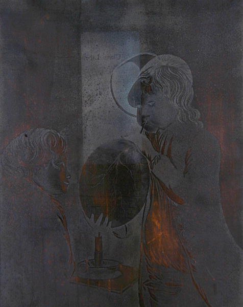 Placa para Dos niños soplando una vejiga a la luz de las velas, acuatinte por Peter Perez Burdett de Joseph (after) Wright of Derby