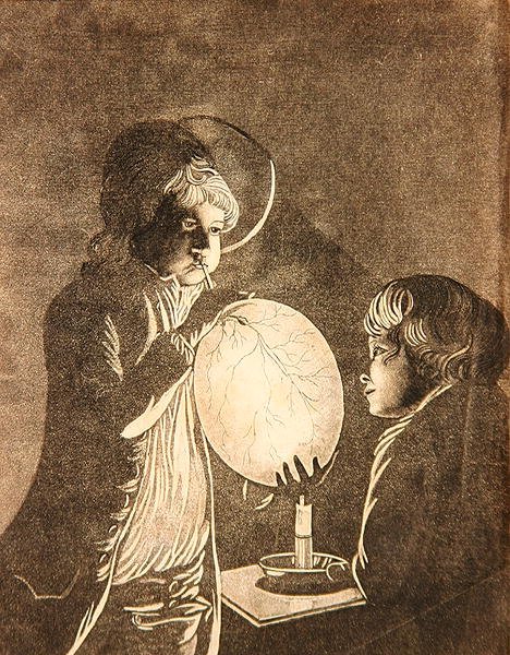 Dos niños soplando una vejiga a la luz de las velas, acuatinte por Peter Perez Burdett de Joseph (after) Wright of Derby