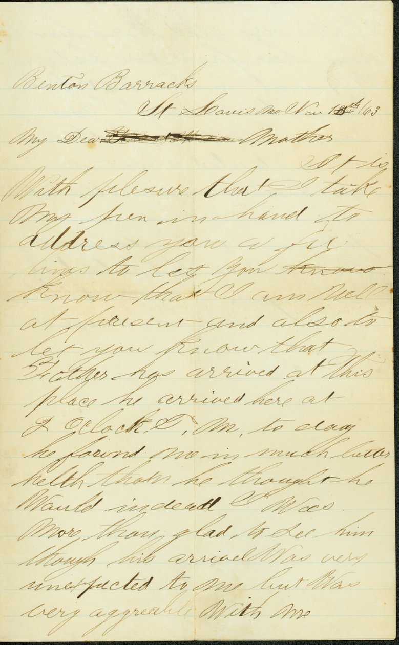 Carta firmada Joseph A. Fardell, Benton Barracks, St. Louis, Mo., a Madre, 12 de noviembre de 1863 de Joseph A. Fardell