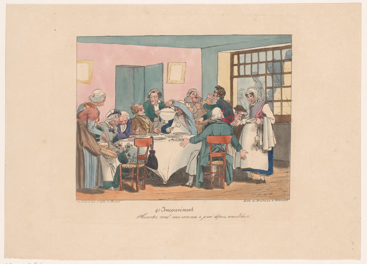 Gezelschap aan tafel aan het vasten ¿Estás bromeando? Hemos estado ayunando desde anteayer (título sobre el objeto) Ongemakken (título de la serie) Desventaja (título de la serie en el objeto) de Joseph Ambroise Jobard