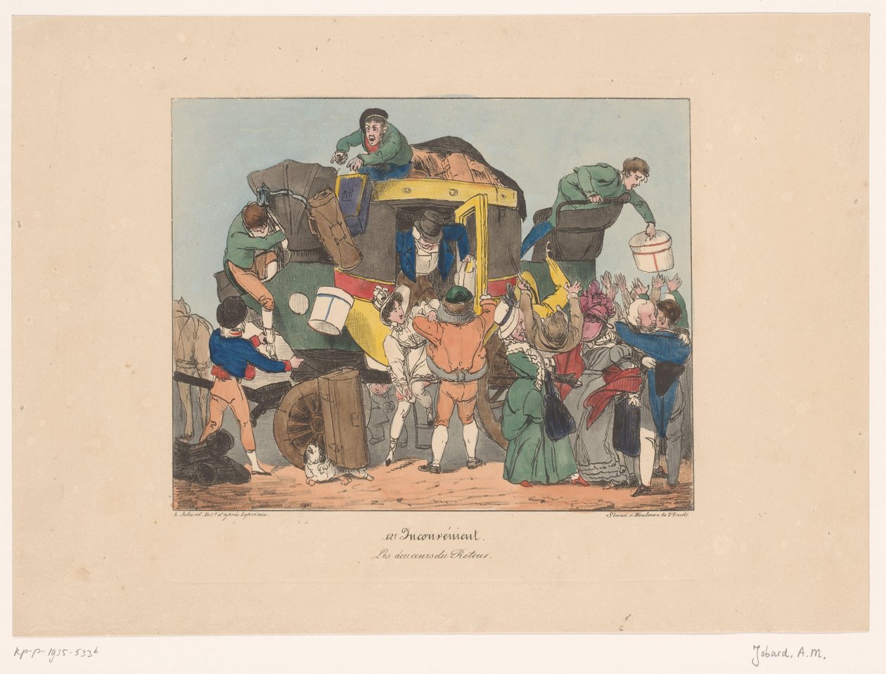 Los pasajeros desembarcan de un ómnibus después del viaje de regreso Les douceurs du retour (título sobre objeto) Incomodidad (título de la serie) Inconveniente (título de la serie en el objeto) de Joseph Ambroise Jobard