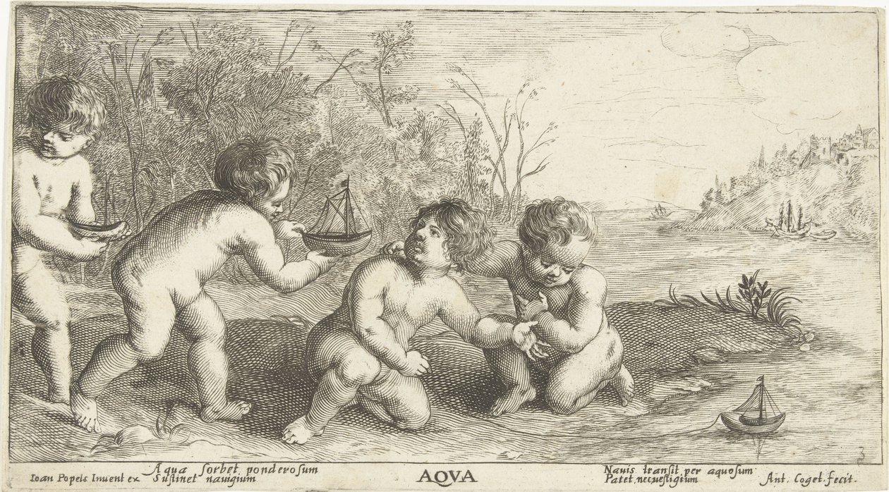 Niños jugando con botes Aqva (título sobre el objeto) de Joseph Antoine Cochet