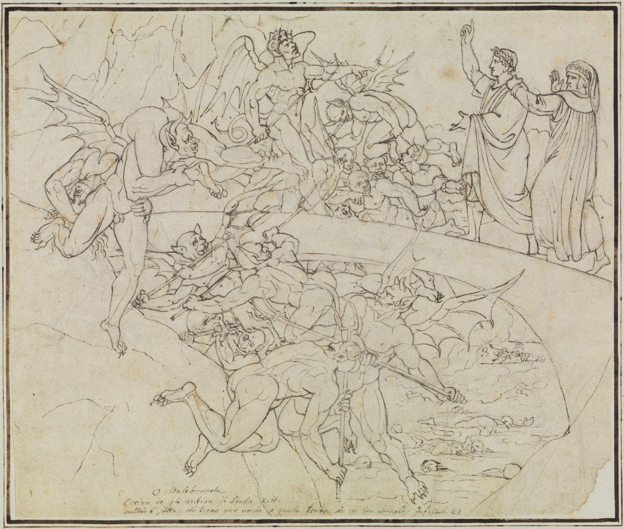 En el lago de brea de los traficantes, el consejero de Lucca (Infierno de Dante, canto 21, verso 34) de Joseph Anton Koch