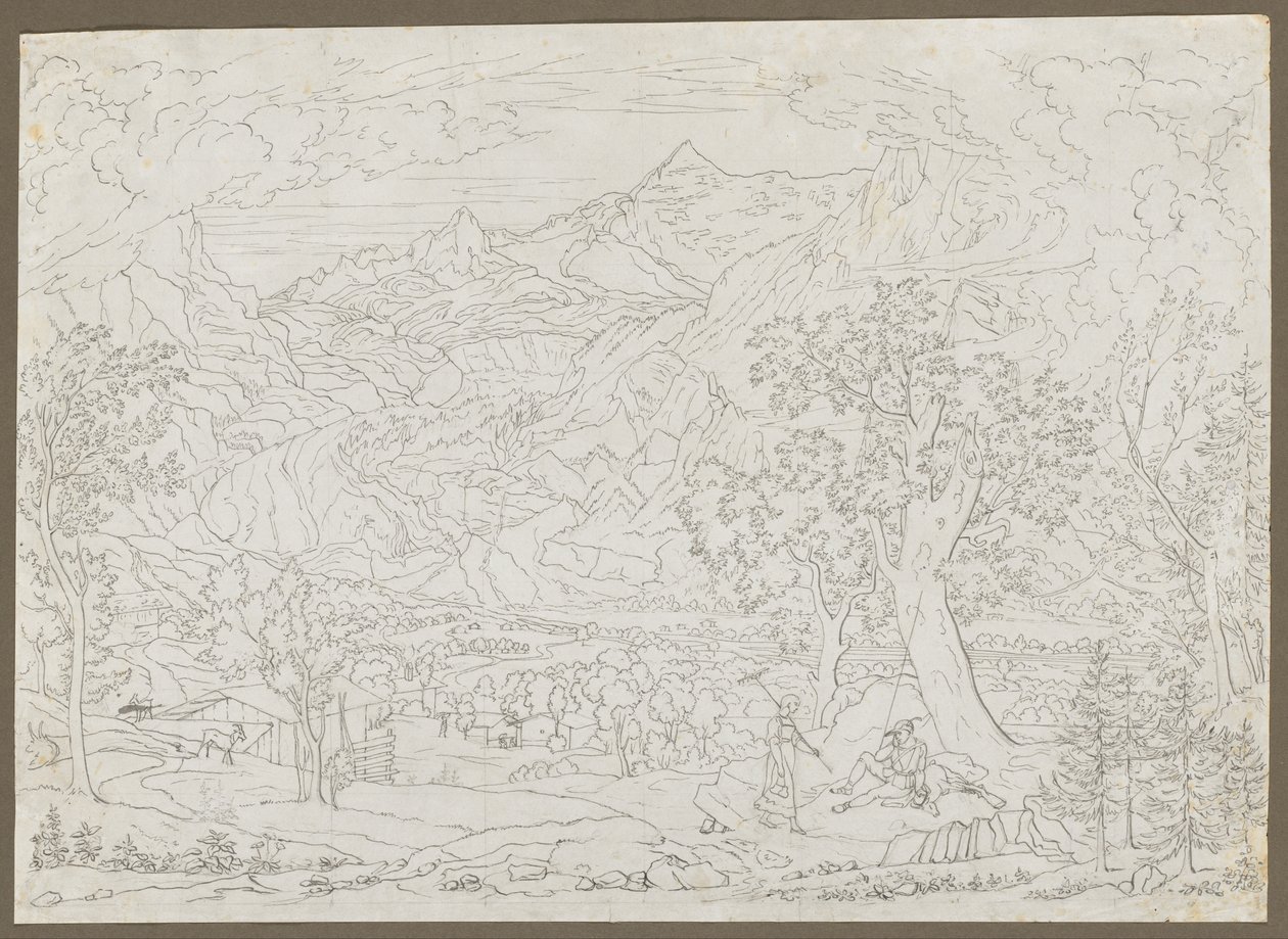 El glaciar Grindelwald con cazador y campesina en primer plano, ca. 1823 de Joseph Anton Koch