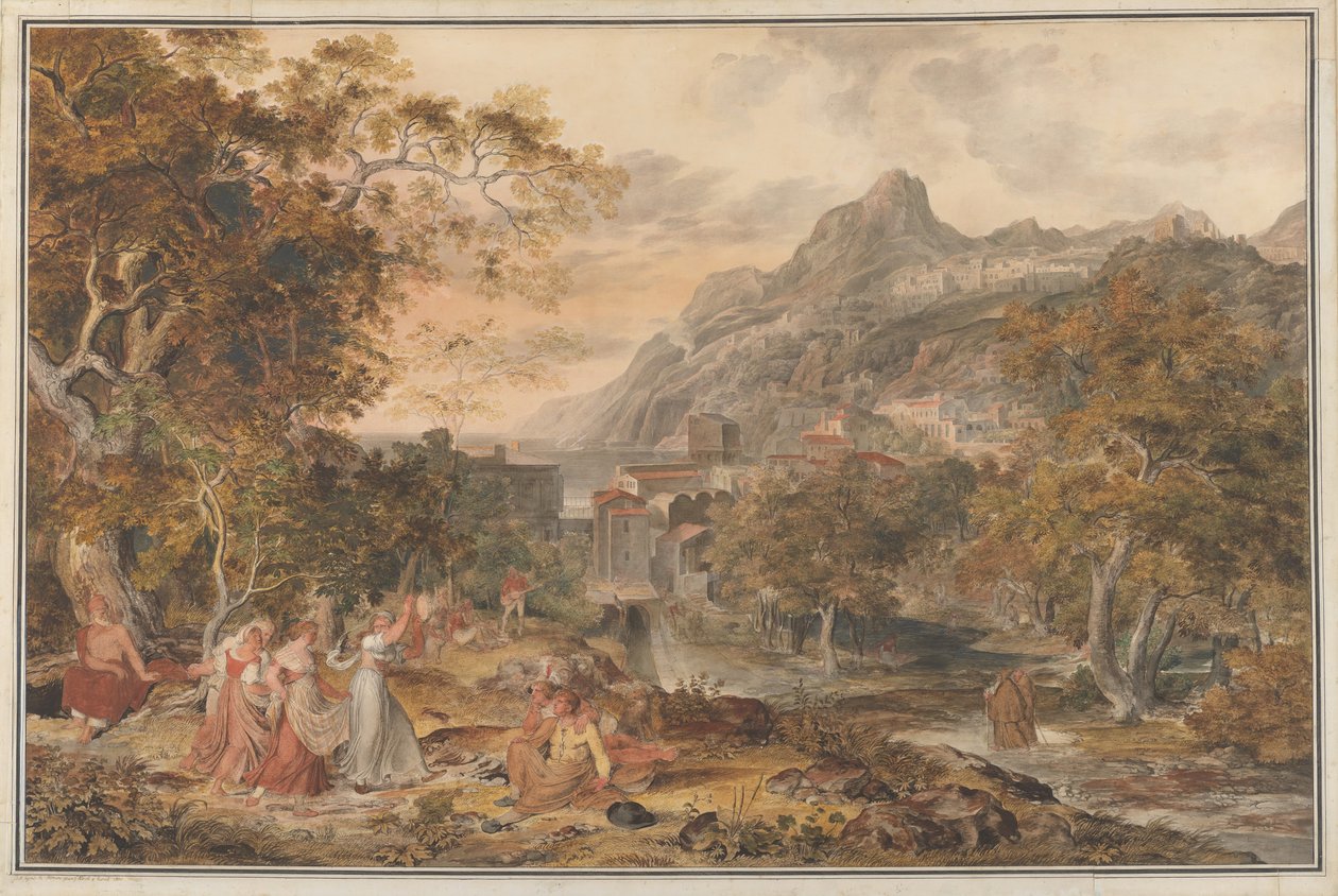 Vista de Vietri con jóvenes campesinas bailando para pastores en primer plano, 1800 de Joseph Anton Koch