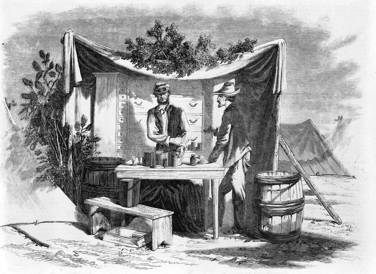 Escenas de campamento - una tienda de drogas del ejército - el administrador del hospital, de un boceto de nuestro artista especial, Joseph Becker, pub. 1864 de Joseph Becker