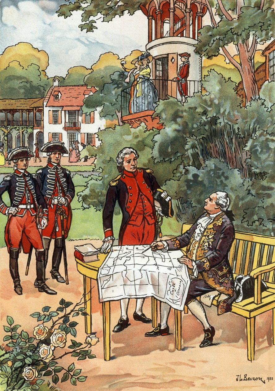 El rey francés Luis XVI y el navegante Jean François de Galaup, conde de Laperouse (1741-1788) en 1785, ilustración de JL Beuzon 1933 de Joseph Beuzon
