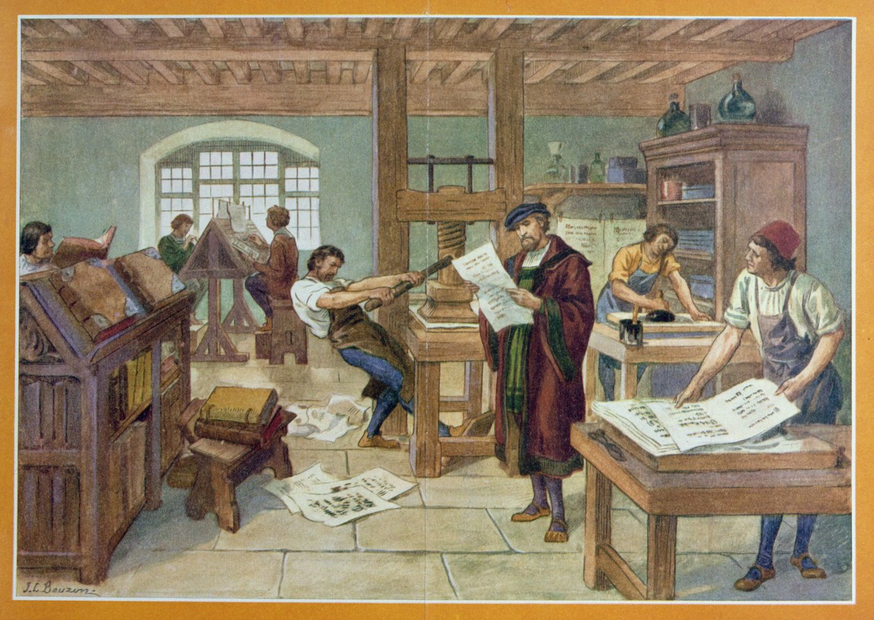 La invención por Gutenberg de la imprenta de tipos móviles, ilustración del "Primer libro de historia de Francia" de A. Aymard, publicado por Hachette de Joseph Beuzon