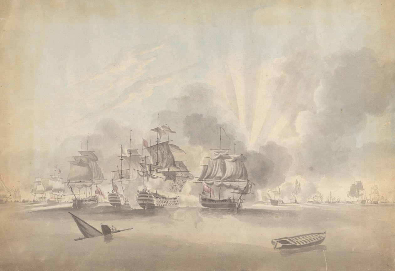 Escenario de batalla: Acorazados, fragatas y corbetas; barco hundido y bote de remos de Joseph Cartwright