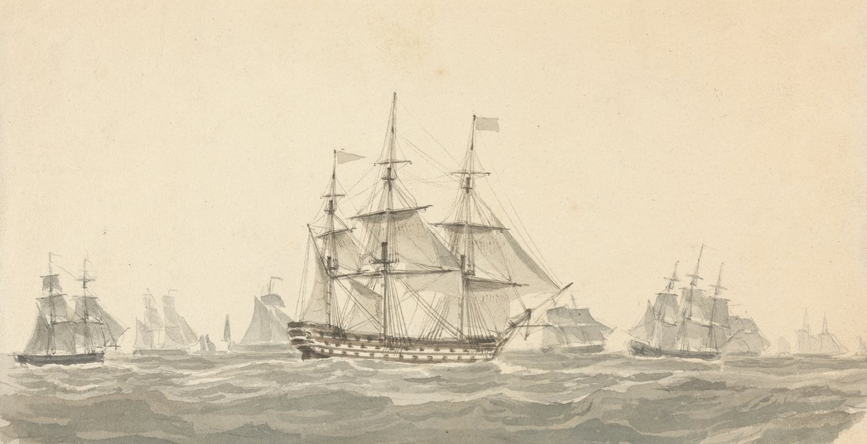 Vista lateral de un acorazado rodeado por varios otros en mar gruesa de Joseph Cartwright