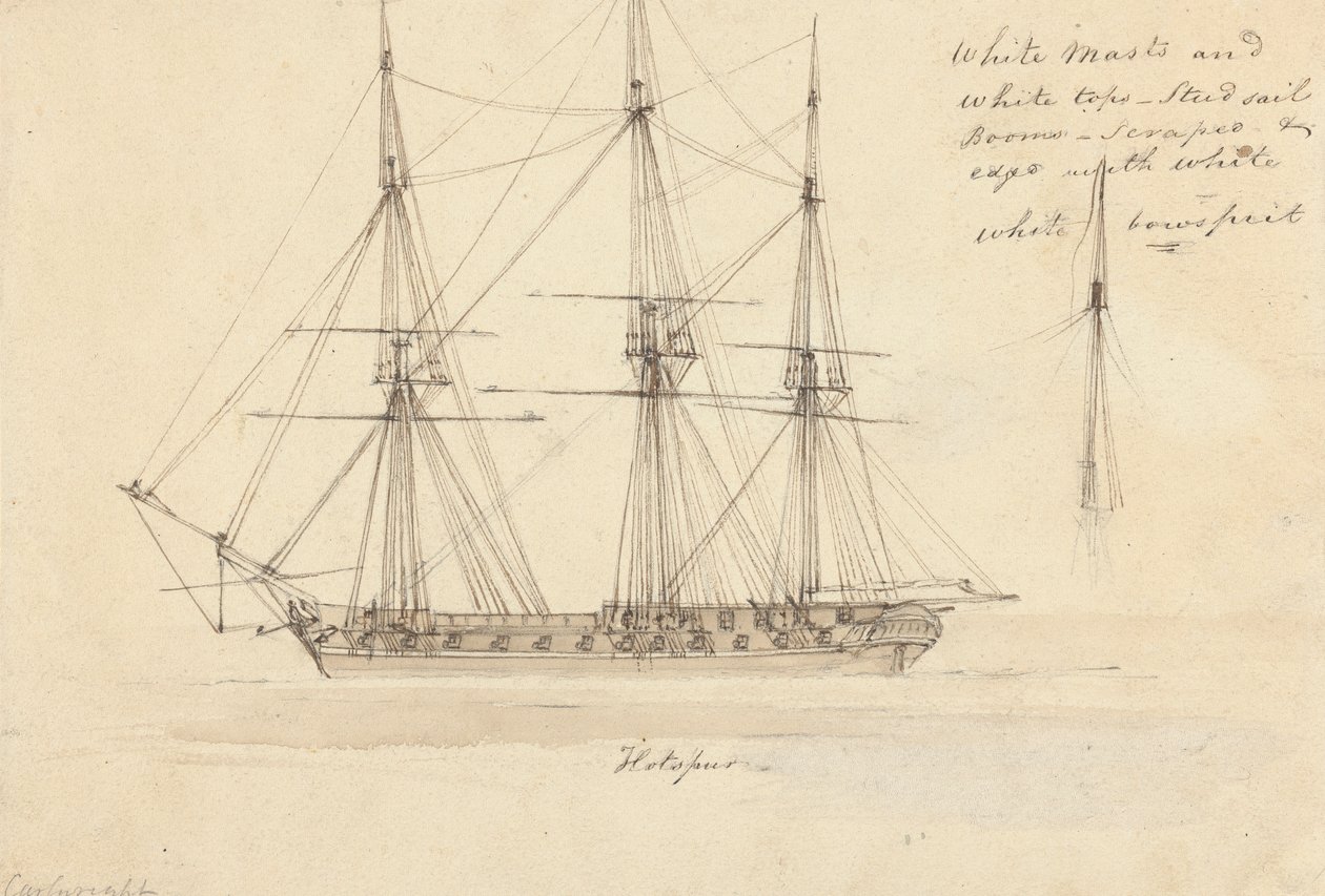 Vista lateral de la corbeta única y parte superior del mástil único, Hotspur de Joseph Cartwright