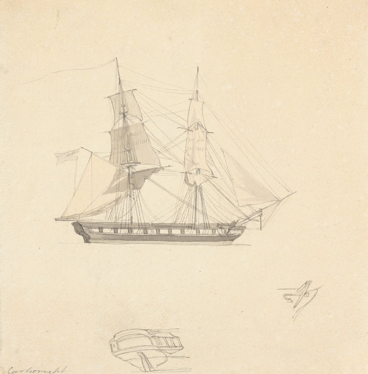 Brig único; bocetos de popa separada y caucho de Joseph Cartwright