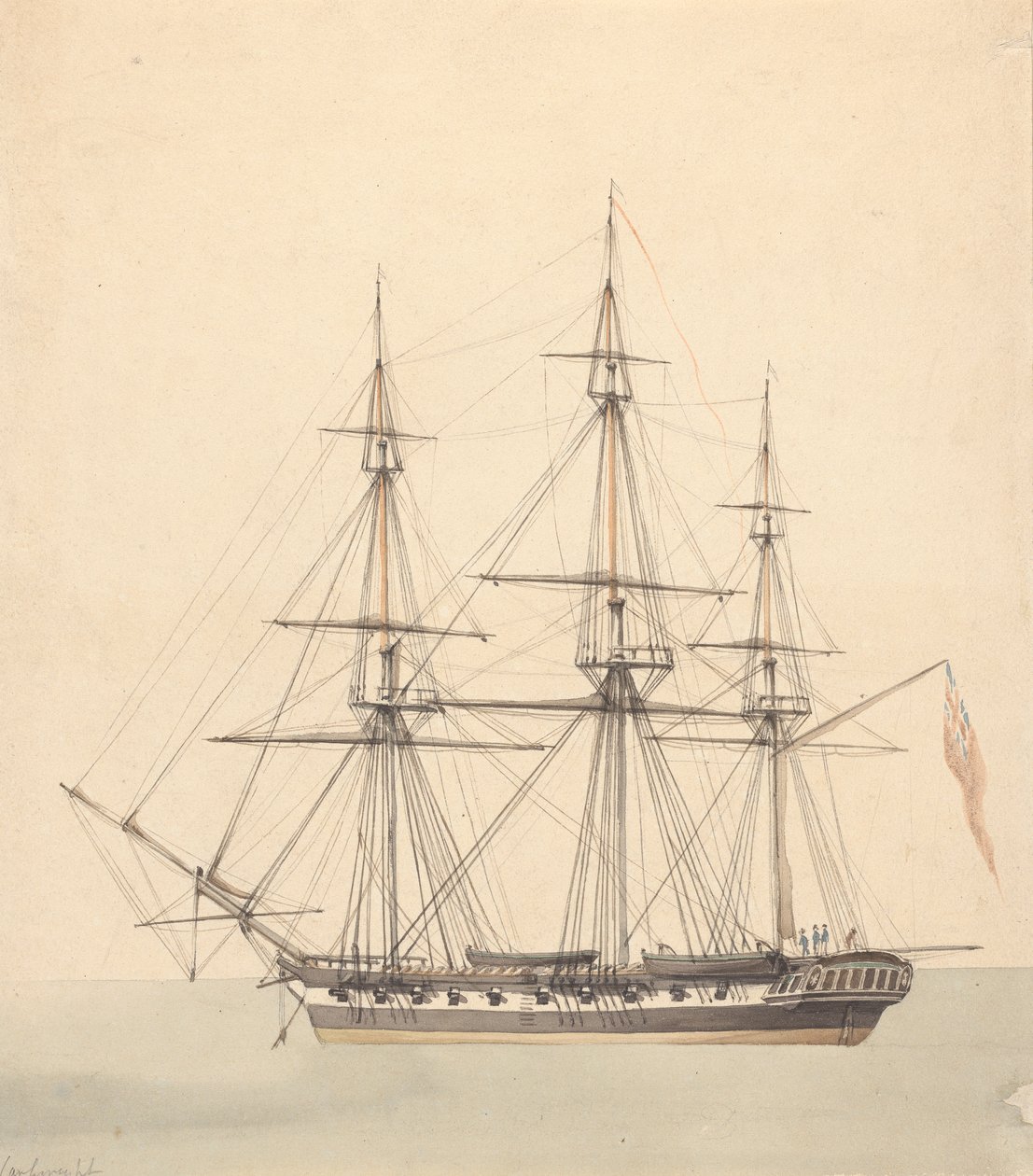 Corbeta individual (?) con tres figuras con uniformes navales y la Union Jack de Joseph Cartwright