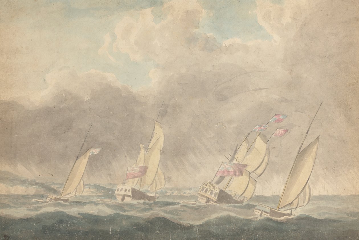 Dos balandros de guerra, una barcaza y una goleta, con las popas hacia delante, en medio de un fuerte oleaje; varios veleros al fondo. de Joseph Cartwright