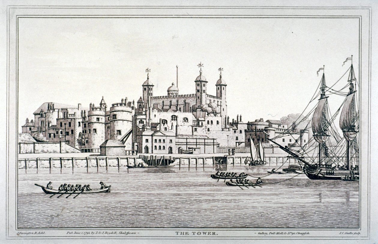 Vista sur de la Torre de Londres con barcos en el río Támesis de Joseph Constantine Stadler