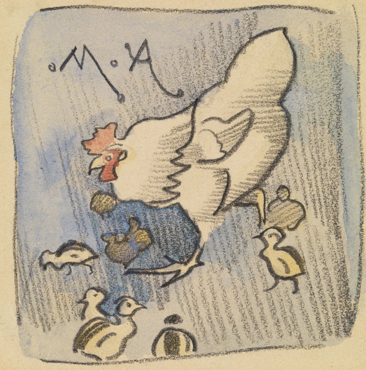 Gallina blanca y pollos, c.1901 (tiza, lápiz y aguada sobre papel) de Joseph Crawhall