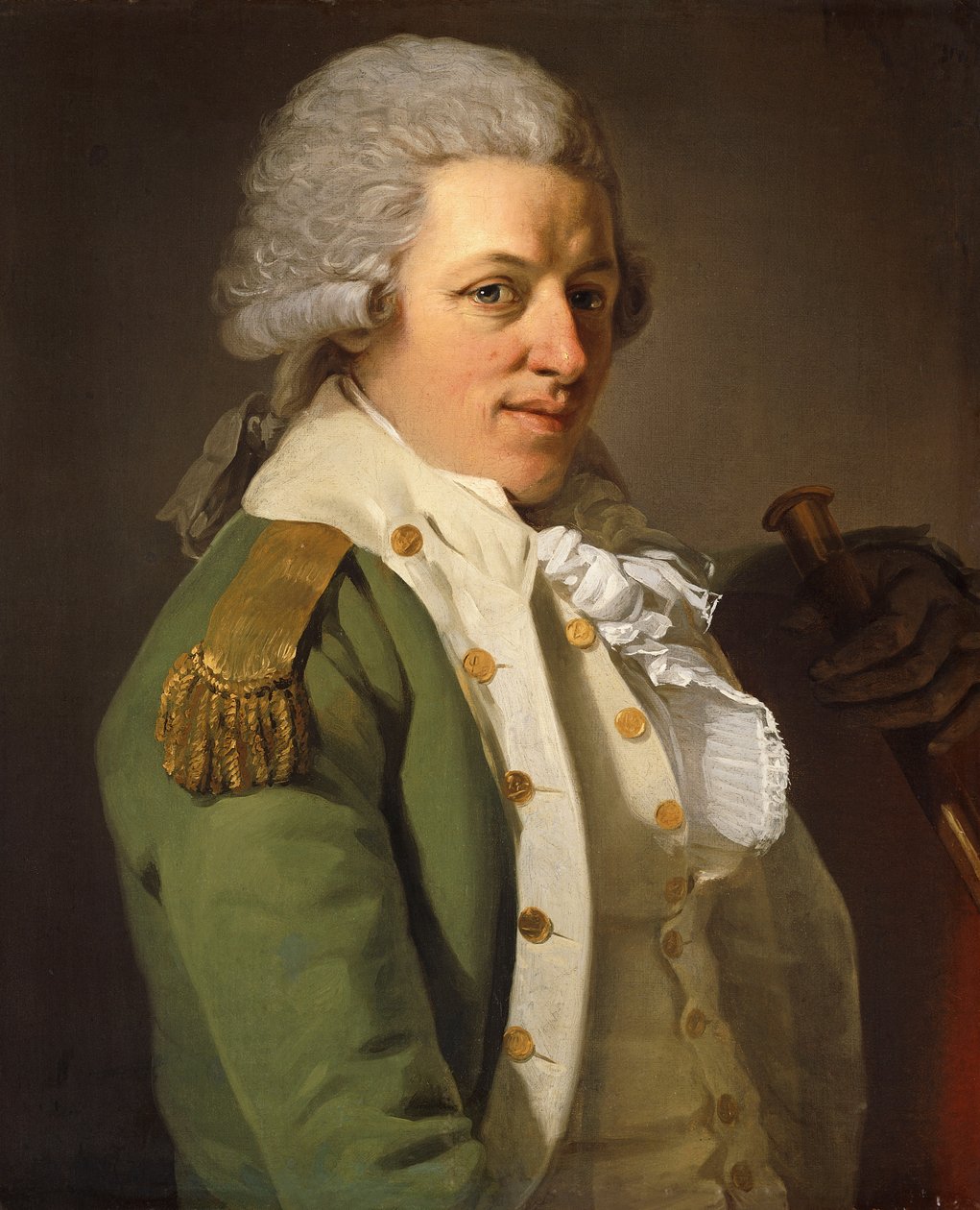Retrato del Artista, Medio Cuerpo, con una Chaqueta Verde y Sosteniendo un Bastón de Joseph Ducreux