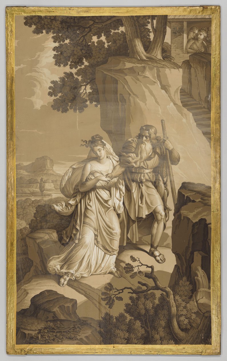 Papel pintado, panel, que representa Les Amours de Psyche: Psyche en escaleras excavadas en la roca, en tonos de grisalla de Joseph Dufour