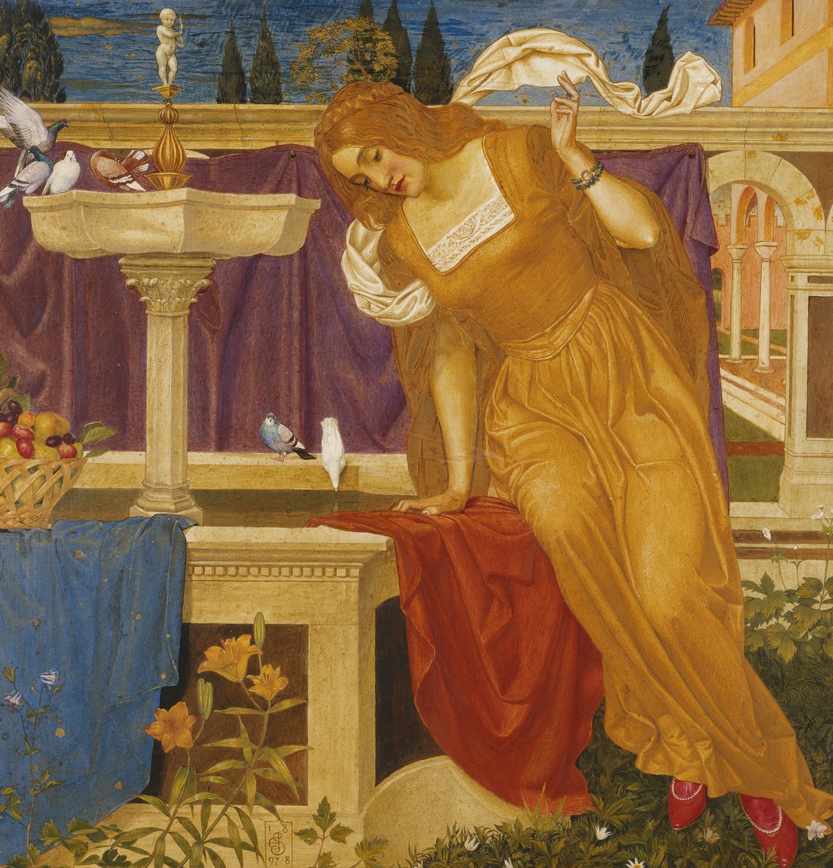 Belleza viendo la imagen de su hogar en la fuente de Joseph Edward Southall