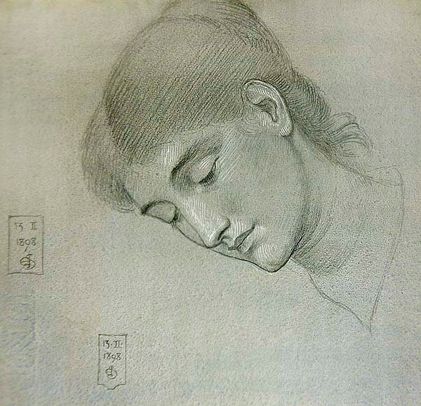 Estudio de cabeza de una niña mirando hacia abajo de Joseph Edward Southall