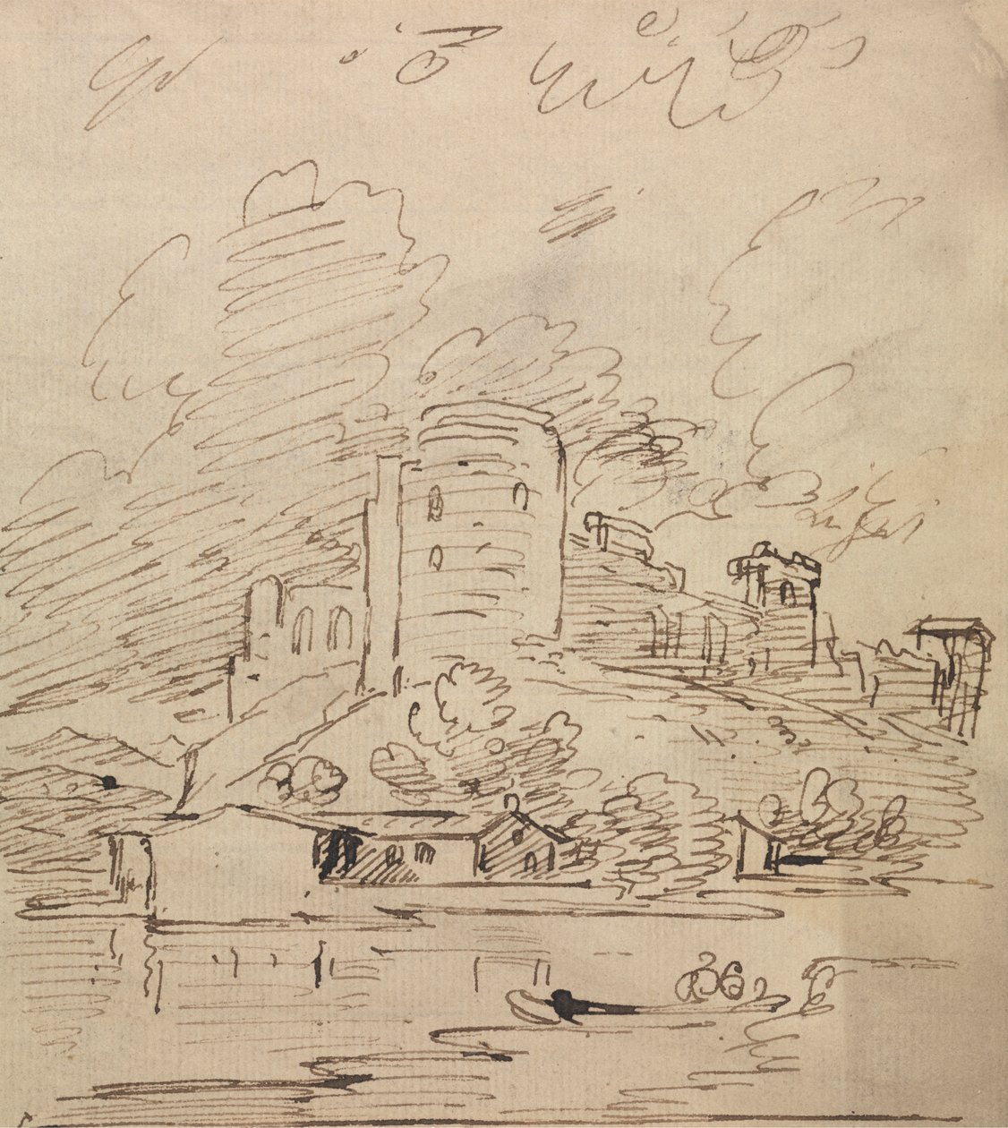 Castillo con torre redonda sobre un río de Joseph Farington