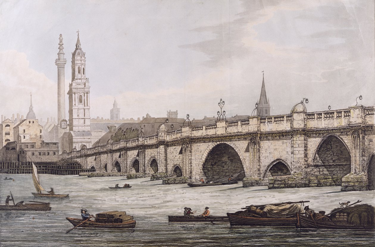 Vista del Puente de Londres, incluyendo la Iglesia de St. Magus y El Monumento, grabado por J.C. Stadler de Joseph Farington